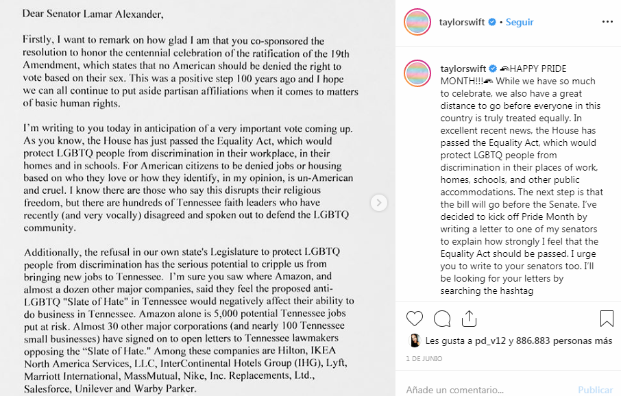 Captura de Pantalla en Instagram de Taylor Swift Carta de Taylor al Senador de Tennesse